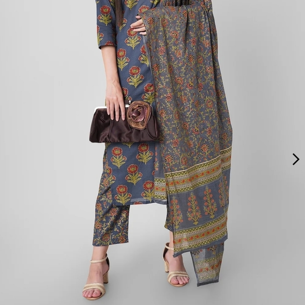 Arayna Cotton Floral Dupatta & Palazzo Pants Set Blue/Gold XL